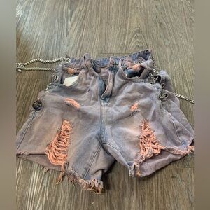 Blue and pink denim chain laced shorts